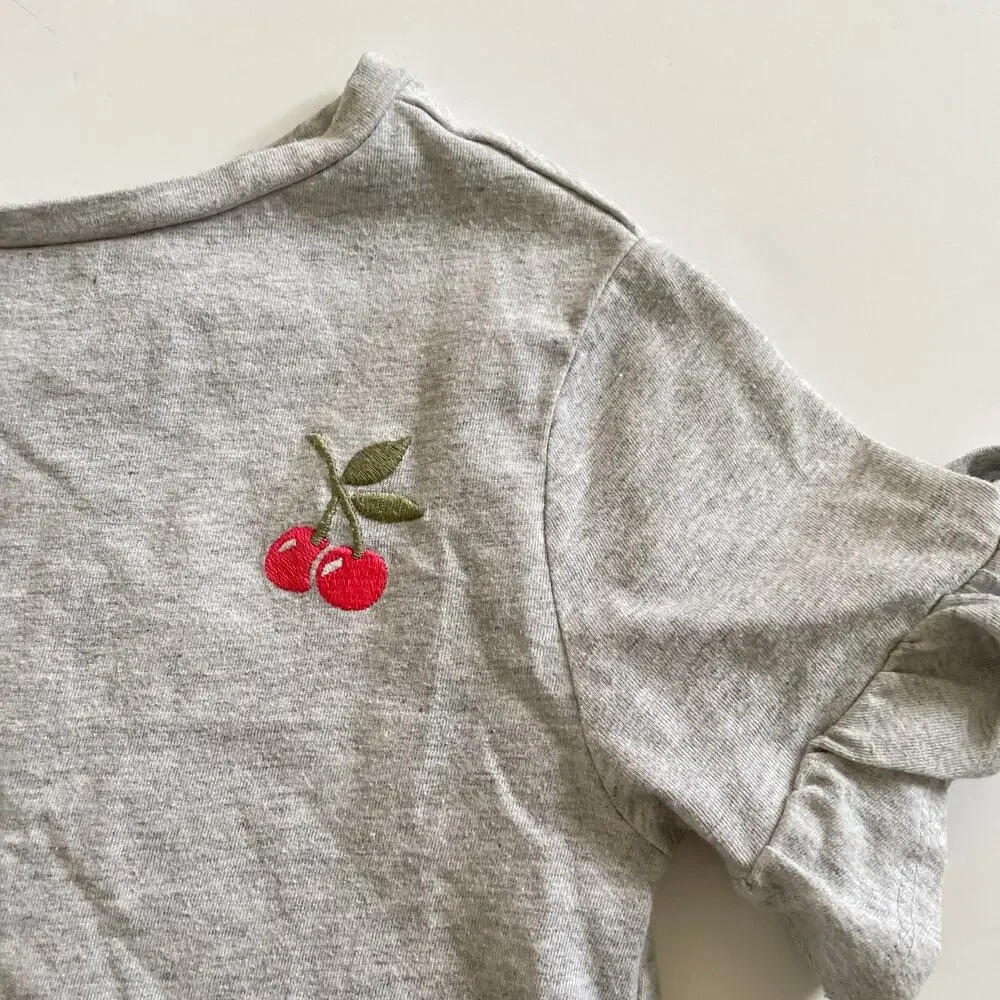 Gymboree Gray Cherry Embroidered Ruffle Sleeve Tee - S